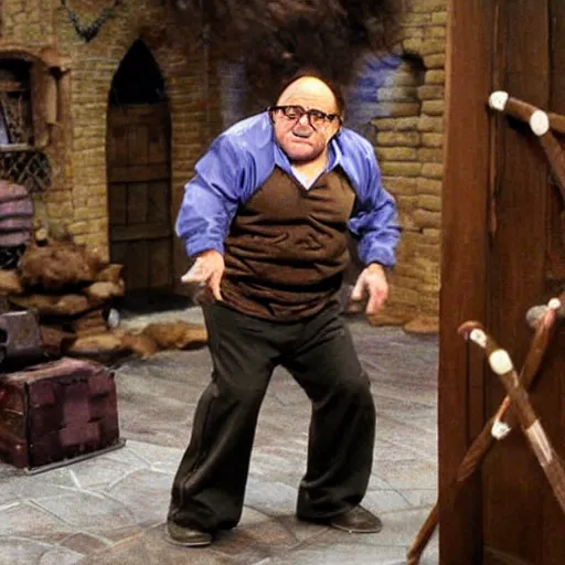 Image similar to Danny Devito dodging a trap in a dungeon