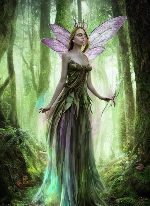 Image similar to beautiful photorealistic matte painting full body portrait fairy faerie fey fae queen standing in forest highly detailed subtle enchanting magic