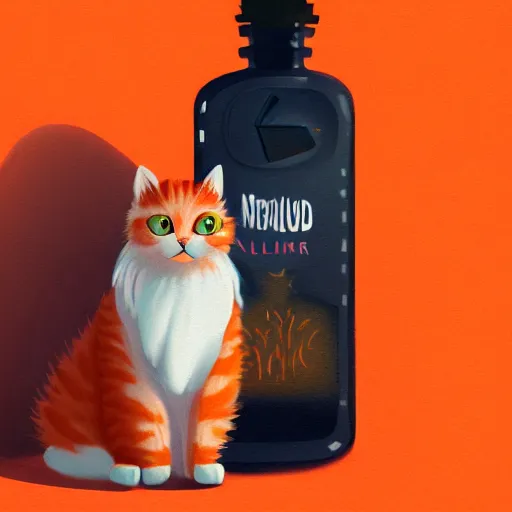 Prompt: a fluffy orange cat standing next to a bottle of medicine. animal. digital art. artstation. illustration. google image.