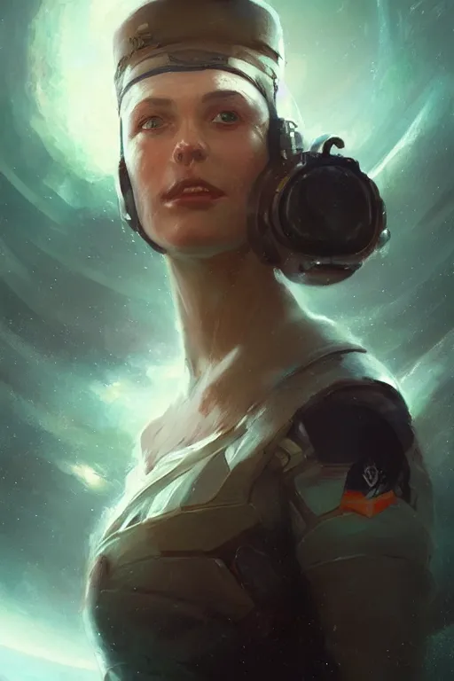 Image similar to A full portrait of a scifi heavy deep space freighter pilot, by Raymond Swanland Greg Rutkowski Lise Deharm, {perfect face}, {perfect eyes}, elegant regal posture