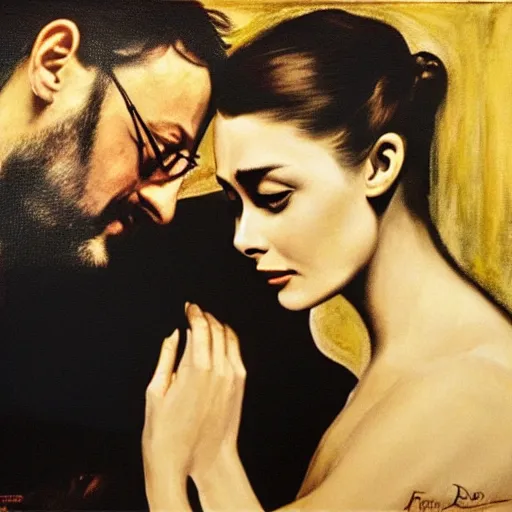 Prompt: Romeo (Jean Reno) and Juliet (Audrey Hepburn), are looking at each other romantically. dramatic, high contrast, romantic, theatrical, lumnious, cinematic lights, oil canvas by Frank Dicksee, Alfred Elmore, Mather Brown