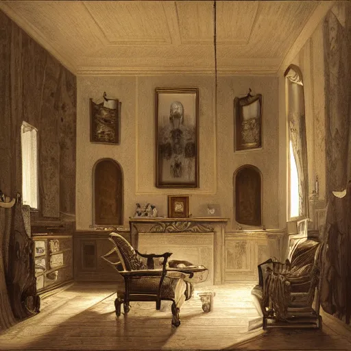 Image similar to An interior of room, in style of Keith Thompson