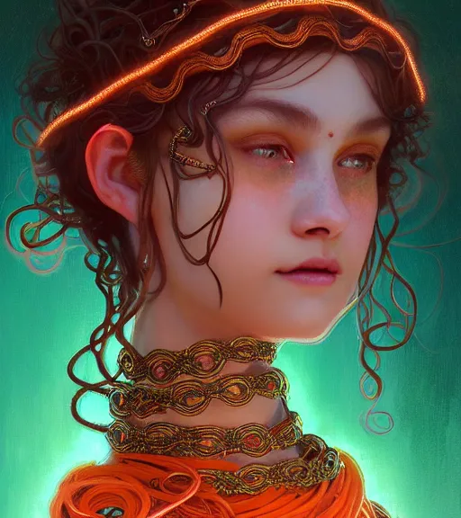 Image similar to portrait of teenage medusa, snake hair, naughty smile, wearing an embroidered orange tunic, intricate, sensual, elegant, copper and emerald jewelry, glowing lights, seductive, highly detailed, digital painting, artstation, concept art, smooth, sharp focus, illustration, art by wlop, mucha, artgerm, and greg rutkowski