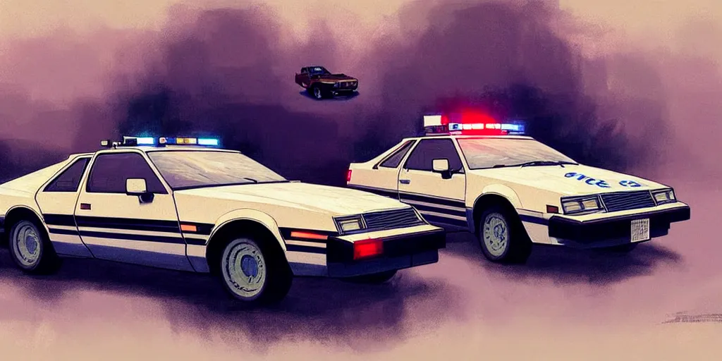 Image similar to a 1 9 8 0 s cop and cop car, highly detailed, digital painting, artstation, concept art, matte, sharp focus, illustration, art by artgerm and greg rutkowski and alphonse mucha