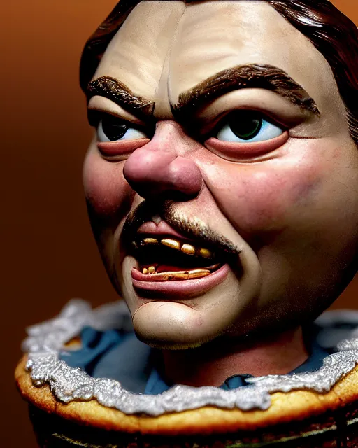 Image similar to highly detailed closeup, face profile portrait of a tin toy leonardo dicaprio as a medieval goblin eating cakes in a castle, hyper realistic, artstation, illustration, nicoletta ceccoli, mark ryden, lostfish, dan decarlo, bob clampett, max fleischer, digital paint, matte paint, vivid colors, detailed and intricate environment