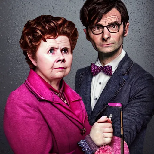 Image similar to david tennant and imelda staunton as dolores umbridge in pink clothes with the tenth doctor who, highly detailed, artstation, concept art, smooth, sharp focus, illustration, perfect face, art by karl blossfeldt, willem claesz. heda, nikolay makovsky, jacek malczewski, arthur hughes