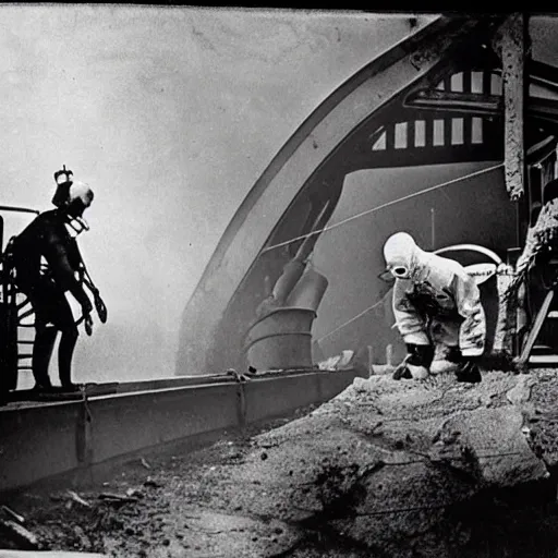 Prompt: old black and white photo, 1 9 1 3, depicting scientists in hazmat suits removing an alien biomechanical insect corpse on a bridge, historical record, volumetric fog