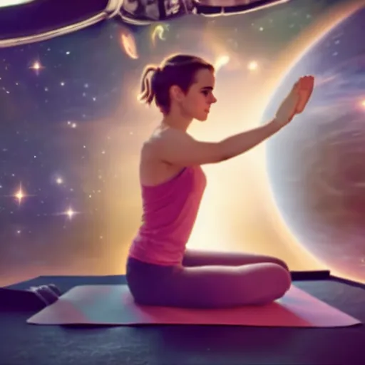 Image similar to emma watson as yoga instructor in space, cinematic shot, magical colors and atmosphere, perfect composition, coherent, super realistic, professional 8 k