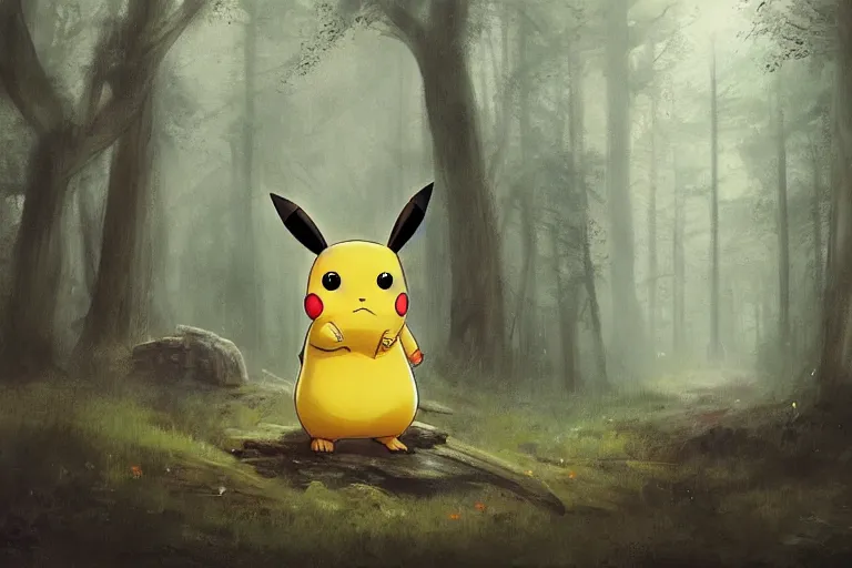 Image similar to Pikachu in the forest, horror, illustrated by Greg Rutkowski and Caspar David Friedrich, Trending on artstation, artstationHD, artstationHQ