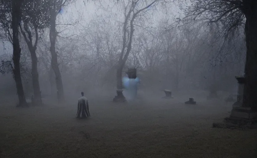 Prompt: a ghost walking though an old cemetary. haunted. night, rain, mist. hyper detailed. movie screencap