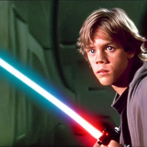 Prompt: A still of Luke Skywalker holding his green lightsaber and looking concerned from Star Wars, 1990, Directed by Steven Spielberg, 35mm