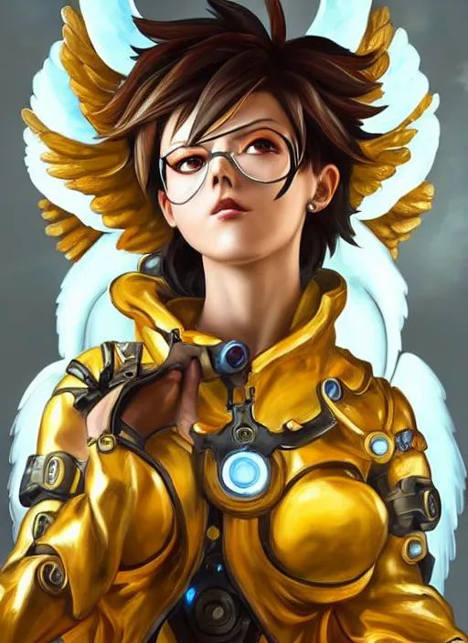 Image similar to full body oil painting of tracer overwatch in the style of sophie anderson, angel wings, angelic golden armor, dramatic painting, symmetrical composition, ornate, golden chains, high detail, gold detailed collar!!!!!, blooming, angelic, lights, flowers, heavenly, bright, detailed face,