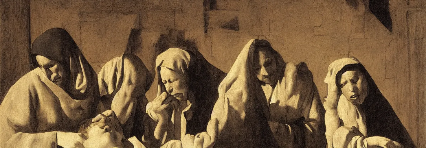 Image similar to a vermeer drawing of three maria's crying at the death of christ