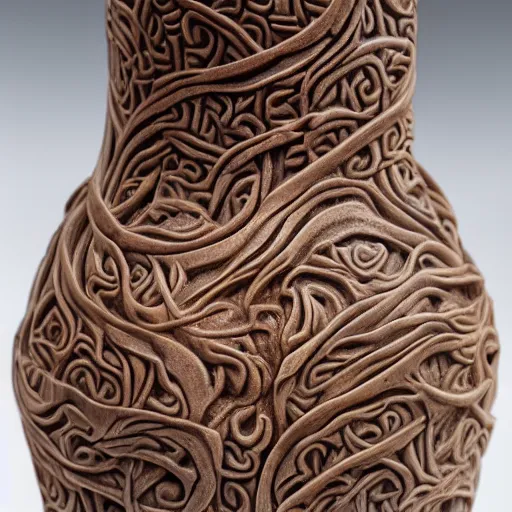 Prompt: the yggdrasil multiverse vase. highly detailed carving on southern ice porcelain, partially glazed, woodfired, 85mm dslr art gallery photo