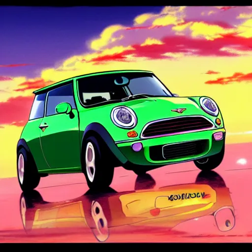 Image similar to anime art vehicle concept art, anime key visual of mini cooper s, at sunset at a beach, trending on pixiv fanbox, studio ghibli, extremely high quality artwork