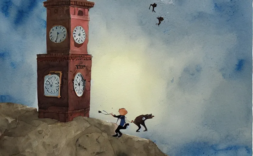 Image similar to a boy fighting a wolf on the edge of a clocktower, by oliver jeffers, watercolor, print