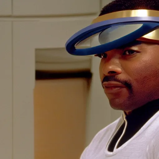 Image similar to Geordi LaForge wearing visor and a colander and random kitchen tools on his head