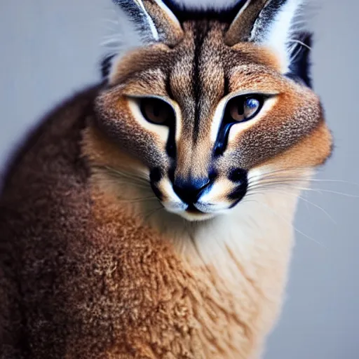 Prompt: a photo of cute fluffy caracal wearing white jumpsuit, close up portrait, studio photography, 8 k