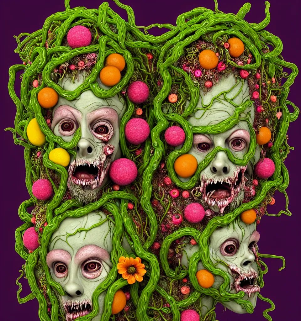 Prompt: headshot of a trickster nature zombie, head made of fruit and flowers in the style of arcimboldo, fragonard, covered with tendrils slime and vines, digital illustration, dynamic lighting, action figure, clay sculpture, claymation, turquoise pink and green, botanical rainbow backdrop
