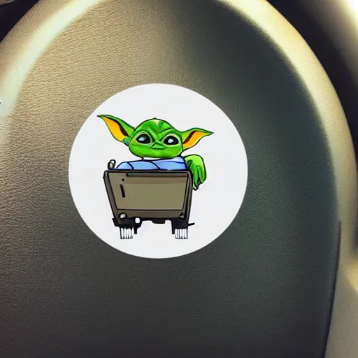 Prompt: cute sticker of baby yoda driving an old truck
