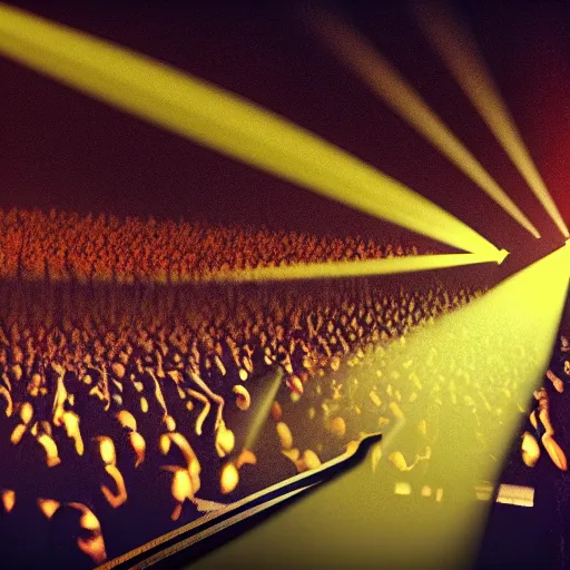 Image similar to a lone singer on stage, with spotlight beam, huge crowd in audience, facing stage, zoom lens, ultra realistic, artstation, dramatic lighting, album