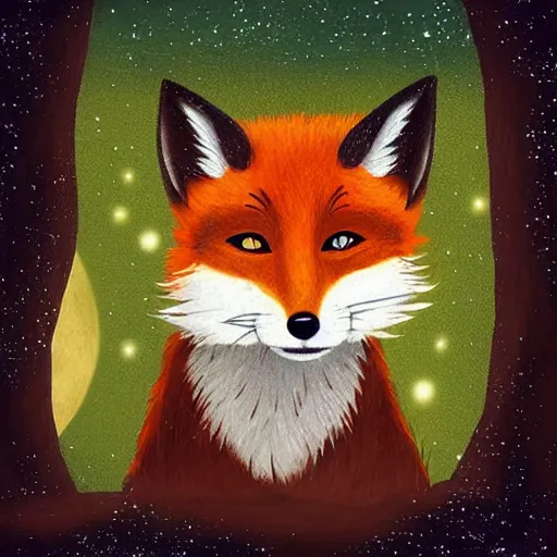 Prompt: “a fox sitting in the woods, looking up at the night sky. The moon shines brightly. digital art, painting, highly detailed”