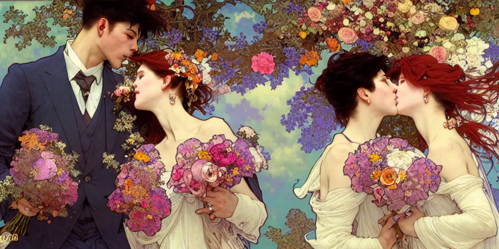 Image similar to the groom kisses the bride at a wedding full of flowers, bright and happy, dreamlike art, highly detail, 4 k realistic, krenz cushart. artem demura. alphonse mucha. yoji shinkawa artgerm. jon lothian. danilo torres. adi meyers. thomas reimann. gaston bussiere.