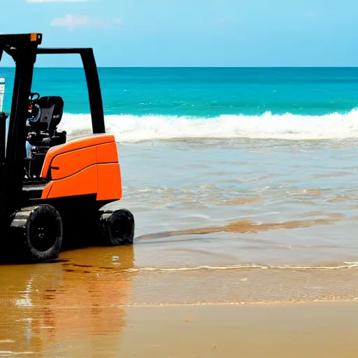 Prompt: a forklift going for a swim on a beautiful beach, extreme details