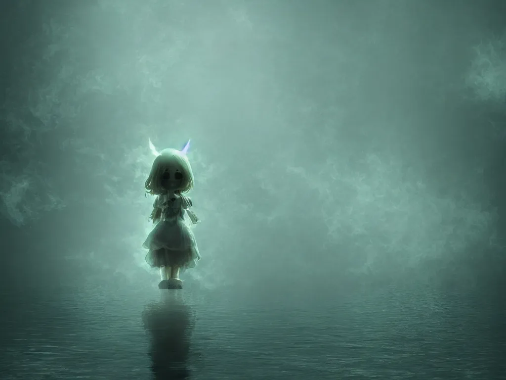 Prompt: cute fumo plush girl ghost in the haze of the murky river, reflective water surface, smoke and volumetric fog, tattered gothic horror maiden, fallen angel, green lens flare, light shafts, light and shadow, vray