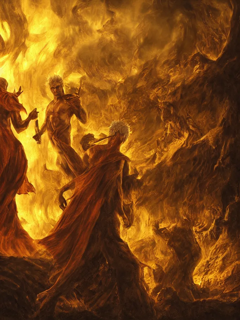 Prompt: photorealistic dante and vergil in hell, golden light landscape, contemporary