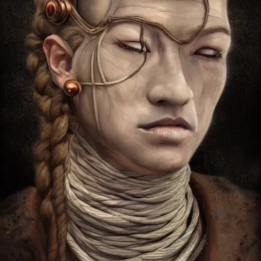 Image similar to portrait of a Shibari rope wrapped face and neck, headshot, insanely nice professional hair style, dramatic hair color, digital painting, of a old 15th century, old cyborg merchant, amber jewels, baroque, ornate clothing, scifi, realistic, hyperdetailed, chiaroscuro, concept art, art by Franz Hals and Jon Foster and Ayami Kojima and Amano and Karol Bak,