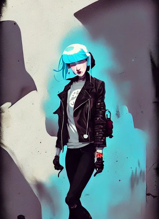 Image similar to highly detailed portrait of a sewer punk lady student, blue eyes, leather jacket, white hair by atey ghailan, by greg rutkowski, by greg tocchini, by james gilleard, by joe fenton, by kaethe butcher, gradient blue, black, brown and cyan color scheme, grunge aesthetic!!! ( ( graffiti tag wall background ) )