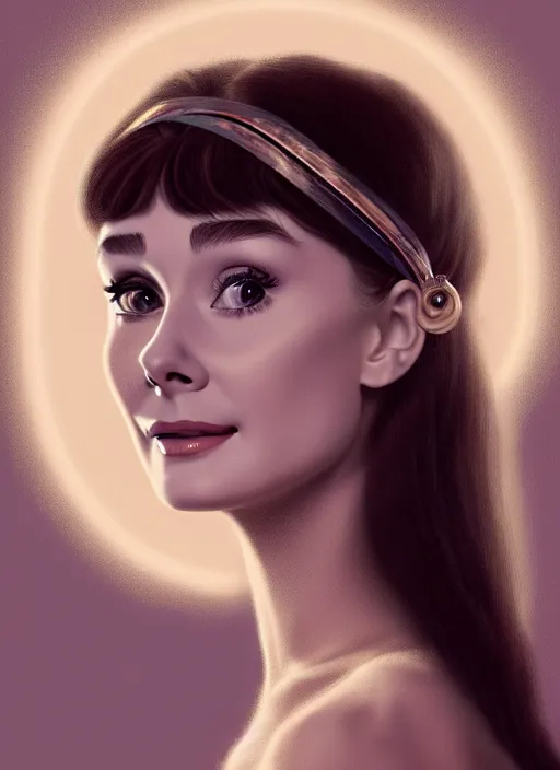 Image similar to portrait of young audrey hepburn with bangs, 1 9 7 0 s, long hair, groovy hairband, bangs, intricate, elegant, glowing lights, highly detailed, digital painting, artstation, concept art, smooth, sharp focus, illustration, art by wlop, mars ravelo and greg rutkowski