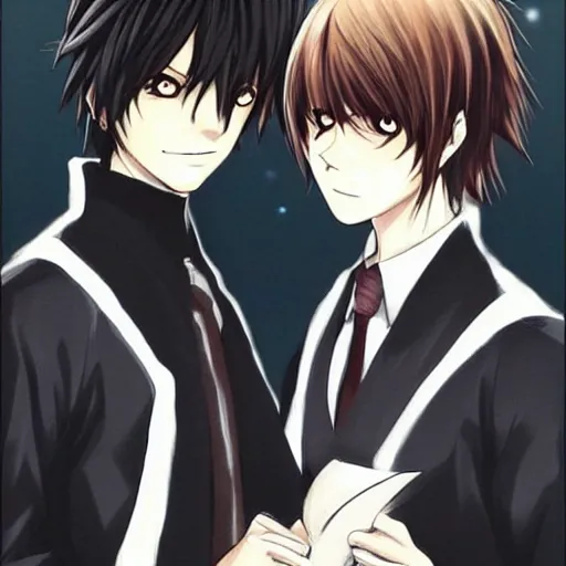 Prompt: Two handsome men,L·Lawliet and Light Yagami,Death Note, Makoto Shinkai