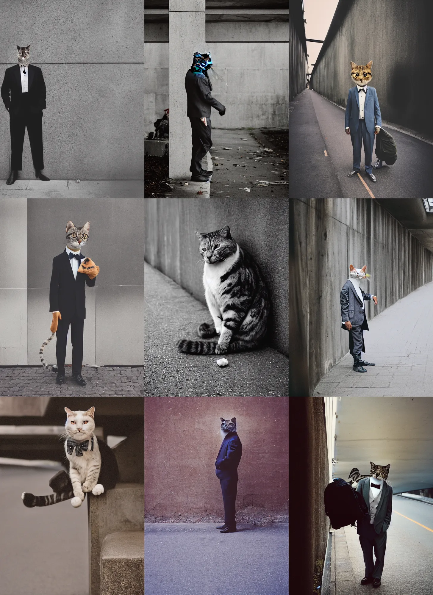 Prompt: medium format film portrait of a homeless anthropomorphic cat wearing a suit under a bridge, hasselblad film bokeh, unsplash, soft light photographed on colour expired film