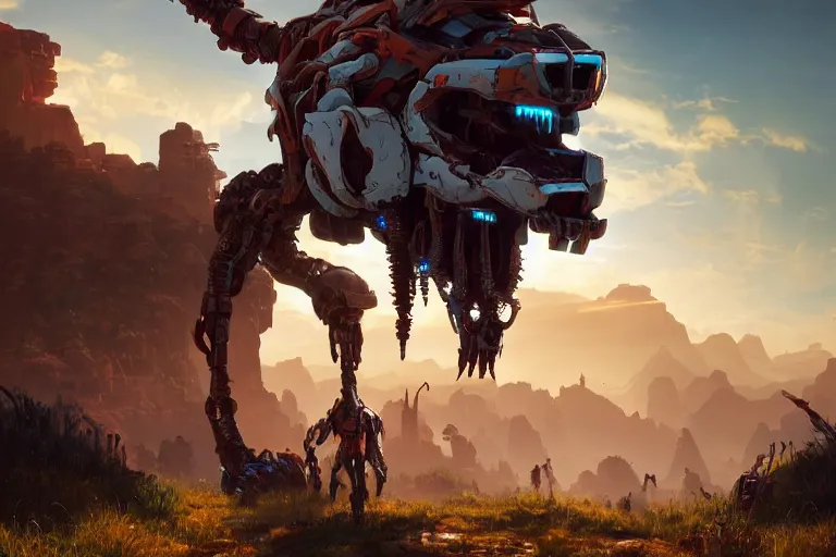 Image similar to tallneck machine mecanical creature robot of horizon forbidden west horizon zero dawn radiating a glowing aura global illumination ray tracing hdr fanart arstation by ian pesty and alena aenami artworks in 4 k