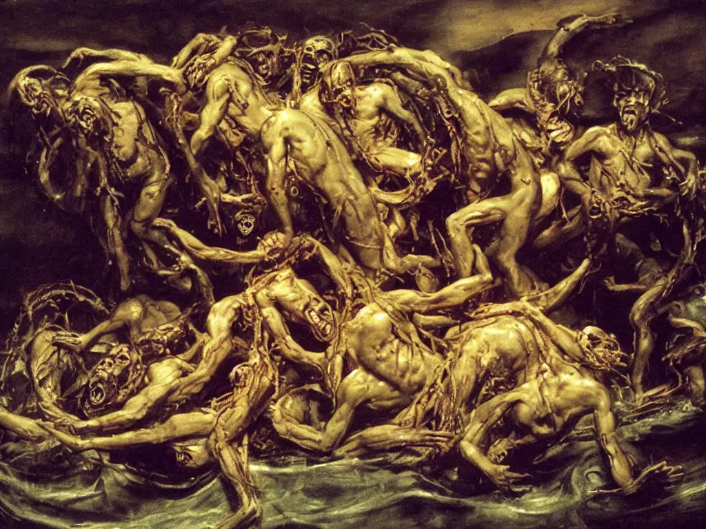 Prompt: the raft of the medusa as an animatronic schlock body horror comedy film, Théodore Géricault, Sally Corporation, Garner Holt, play-doh, lurid, neon lights, rubber latex, fleshy, Cronenberg, Rick Baker, dramatic film still, daylight, photo real, wet, slimy, wide angle, rule of thirds, 28mm, 1984, vivid colors, Eastman EXR 50D 5245/7245