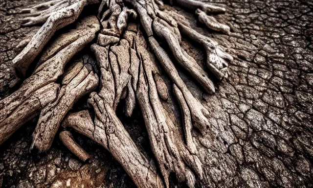 Image similar to close-up of a crying ancient dried up Danu, peaceful, facing the camera and standing in front of a dried up river in a desolate land, dead trees, blue sky, hot and sunny, highly-detailed, elegant, dramatic lighting, artstation, 4k, cinematic landscape, photograph by Elisabeth Gadd