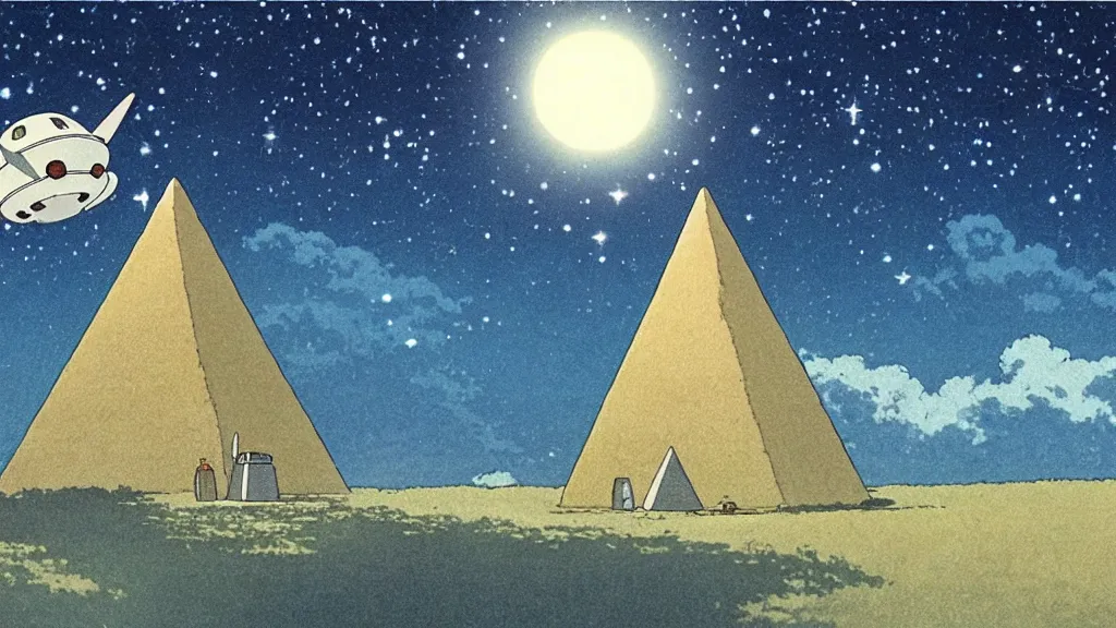 Image similar to a movie still from a studio ghibli film showing a floating large white pyramid with a gold capstone, and a ufo on a misty and starry night. by studio ghibli