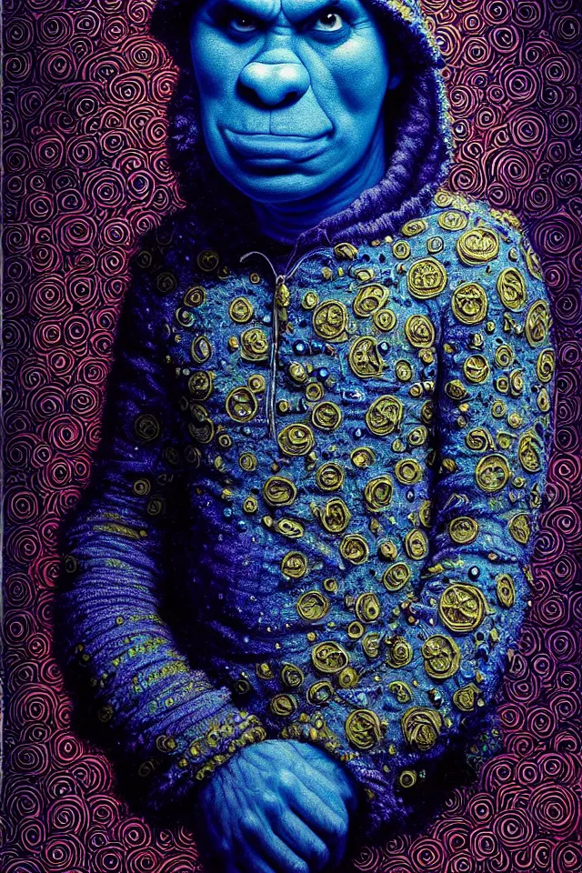 Image similar to bizarre blue blacklight detailed renaissance portrait of cookie monster as a highly detailed realistic real life person, dramatic cinematic lighting, 8 k, beautiful intricate painting by james r eads and tomasz alen kopera