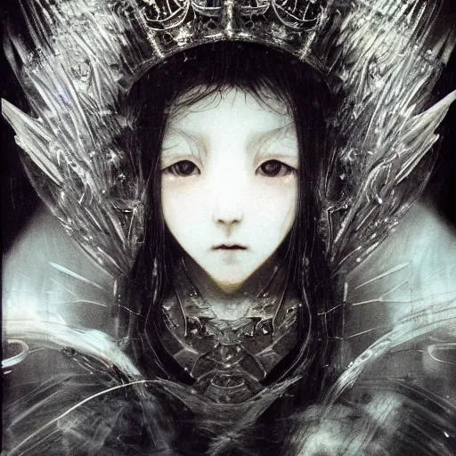 Image similar to yoshitaka amano blurred and dreamy artwork of a manga girl with black eyes, wavy white hair fluttering in the wind wearing elden ring armor and crown with engraving, highly detailed face, abstract black and white patterns on the background, noisy film grain effect, highly detailed, renaissance oil painting, weird portrait angle, blurred lost edges, three quarter view