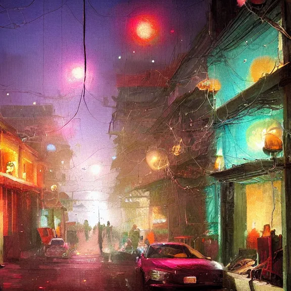 Image similar to Downtown Mexico, string lights, colorful lighting, night, by Tooth Wu, by Lienzo Óleo Paisaje, by Greg Rutkowski