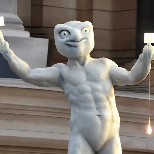 Image similar to a white marble statue of the reddit alien mascot surrounded by lit candles