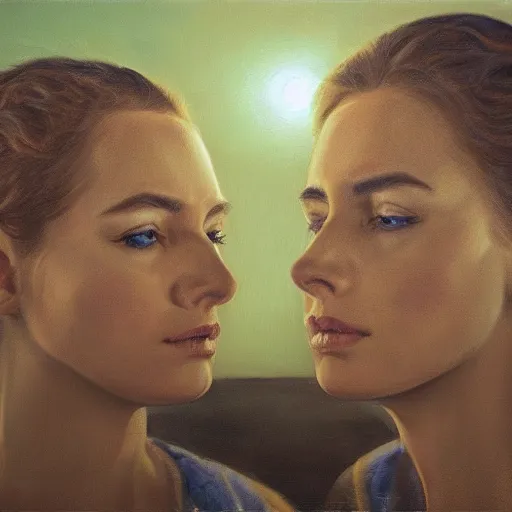 Prompt: a scene of two identical beautiful female drows face to face, full of detail, realistic lighting