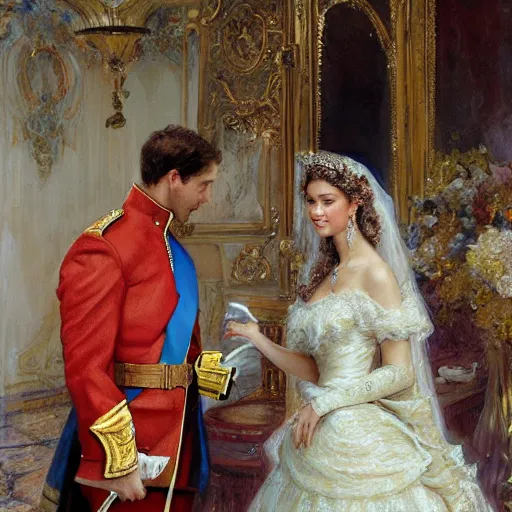 Prompt: detailed painting of prince william marrying attractive gigi hadid, highly detailed painting by gaston bussiere, craig mullins, j. c. leyendecker 8 k, watercolor, royal painting, painting, traditional art