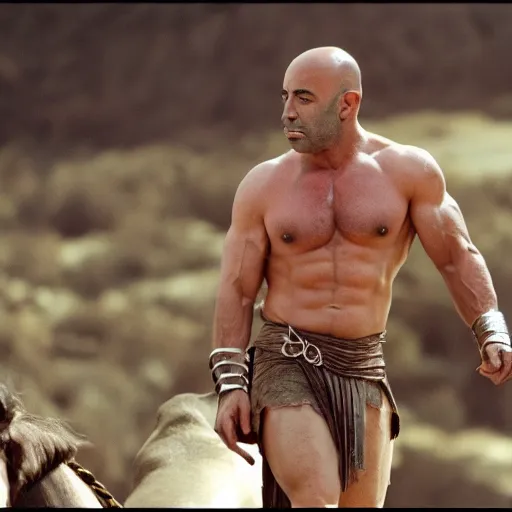 Prompt: photo of Joe Rogan as Achilles in the movie Troy cinestill, 800t, 35mm, full-HD