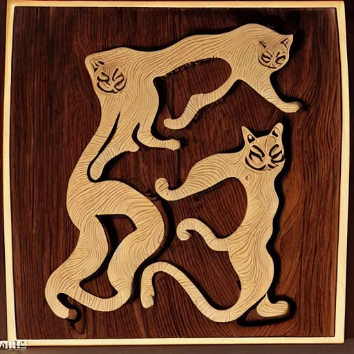 Prompt: kashmire motif of cats dissolving, made of wood, by moebius