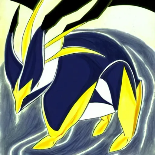 Image similar to arceus fused with giratina, art by Ken Sugimori