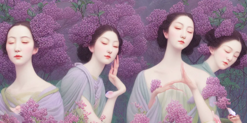 Image similar to reathtaking detailed concept art painting blend of two goddess of lilac flowers by hsiao ron cheng, vintage illustration pattern with bizarre compositions blend of flowers and plants and birds by beto val and john james audubon, exquisite detail, extremely moody lighting, 8 k