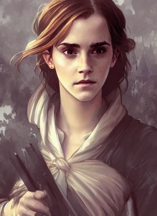 Prompt: emma watson as hermione. beautiful detailed face. by artgerm and greg rutkowski and alphonse mucha